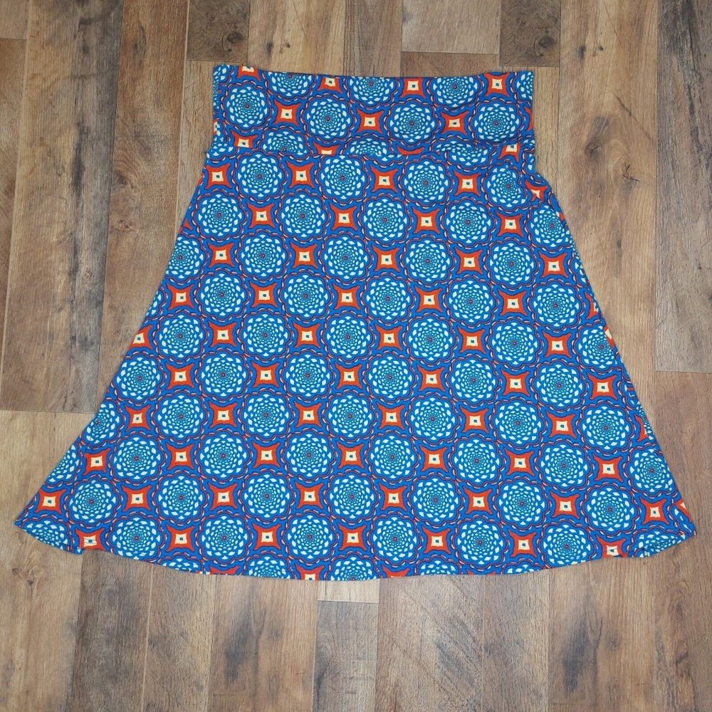 LulaRoe Womens XL Simply Comfortable Skirt Flared Midi Blue Orange Tan Print